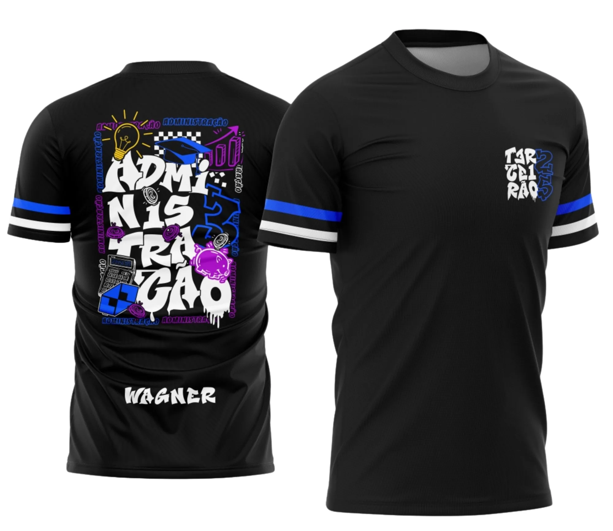 Camiseta unissex preta com logo no peito e estampa grande nas costas focada no tema Terceirão Administração, perfeita para estudantes que querem mostrar seu orgulho com estilo moderno.